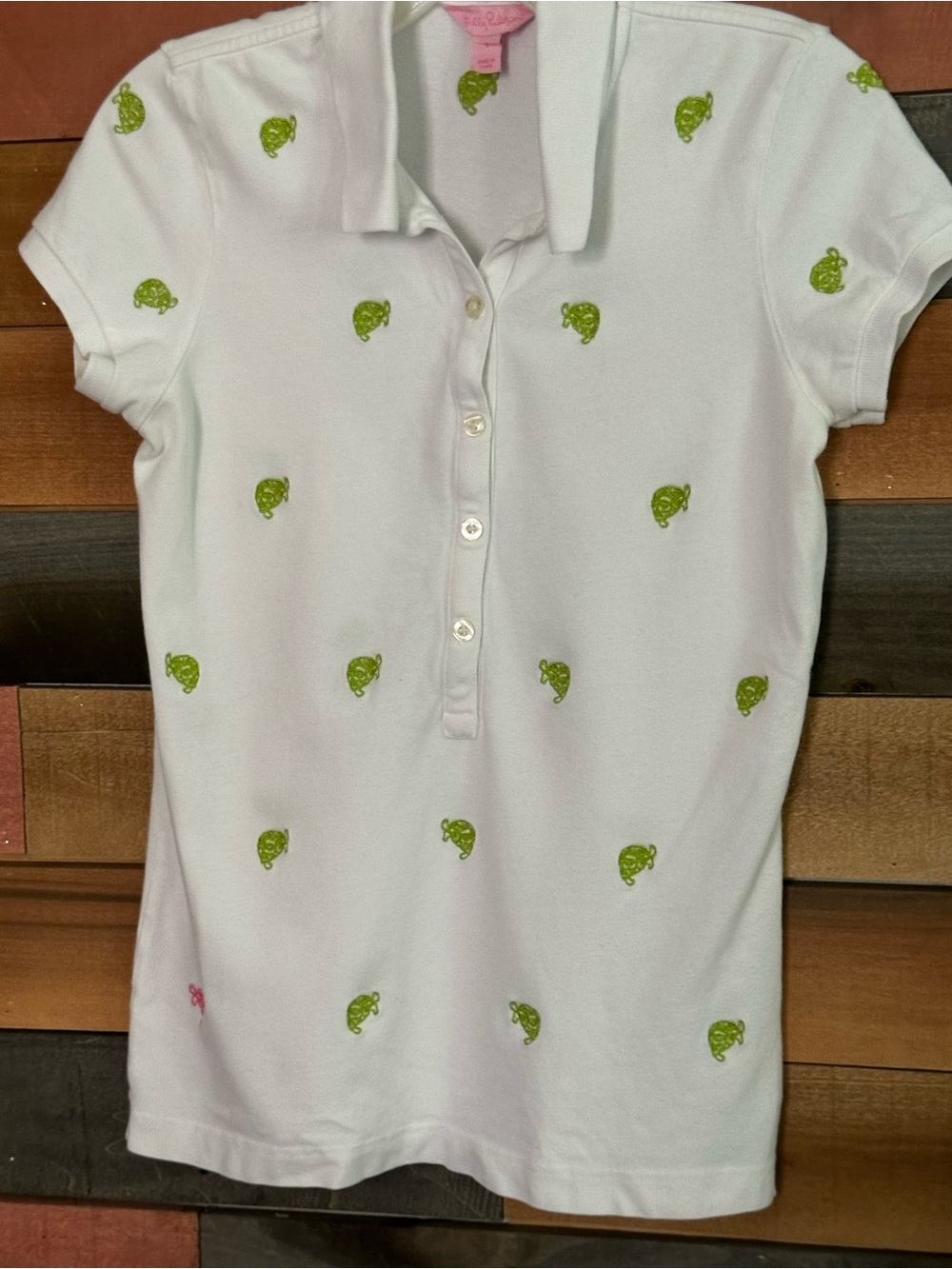 Lilly Pulitzer White Polo with Lime Green Turtle Embroidery